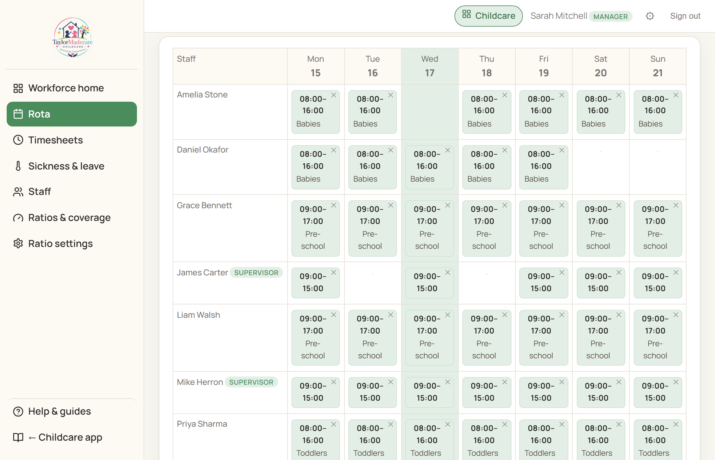 The weekly staff rota open on a tablet — team members down the side, days across the top, colour-coded shift chips per room.