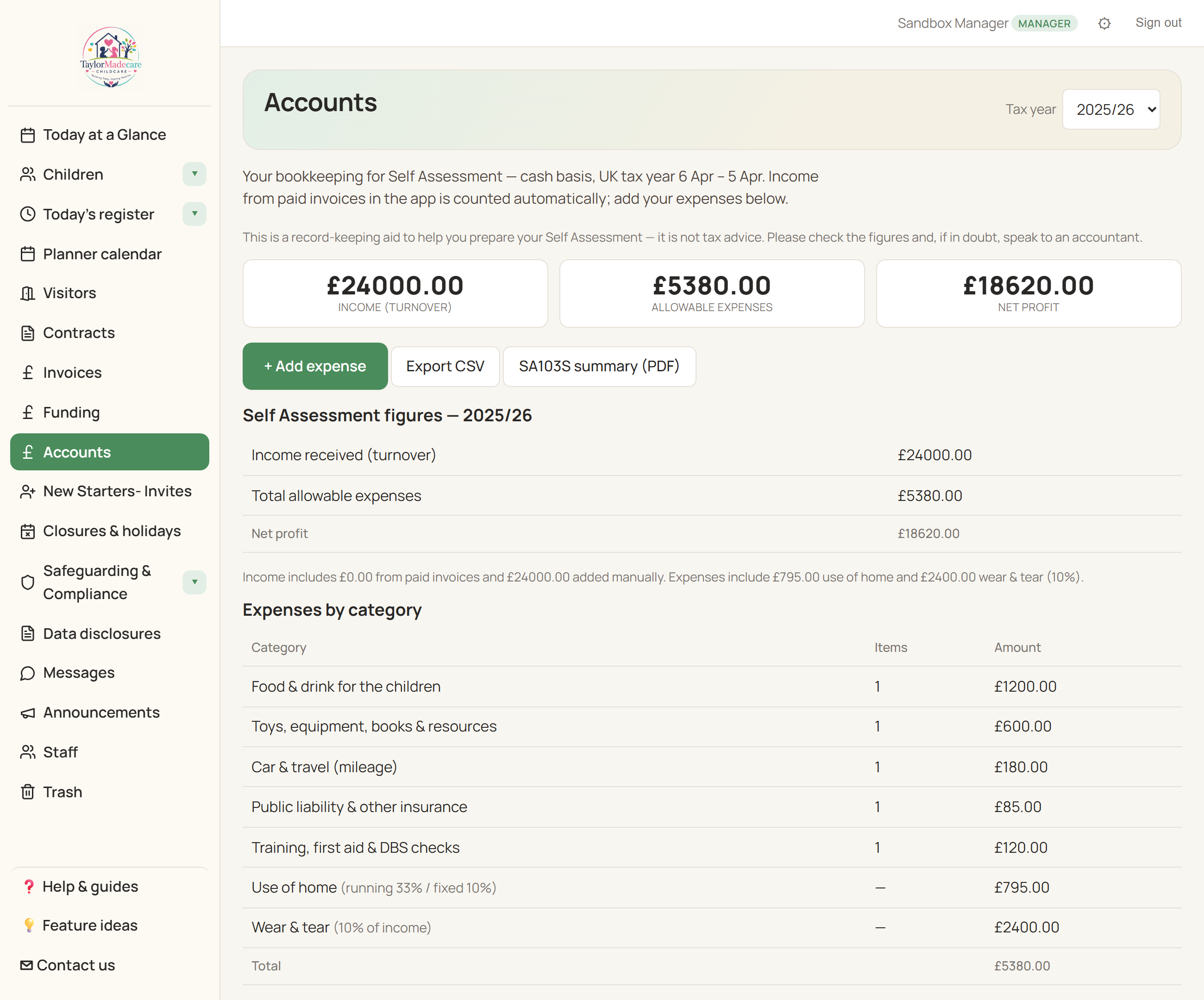 The childminder Accounts page showing income, allowable expenses and net profit, the Self Assessment figures, and an expenses-by-category breakdown including the computed use-of-home and 10% wear-and-tear allowances.