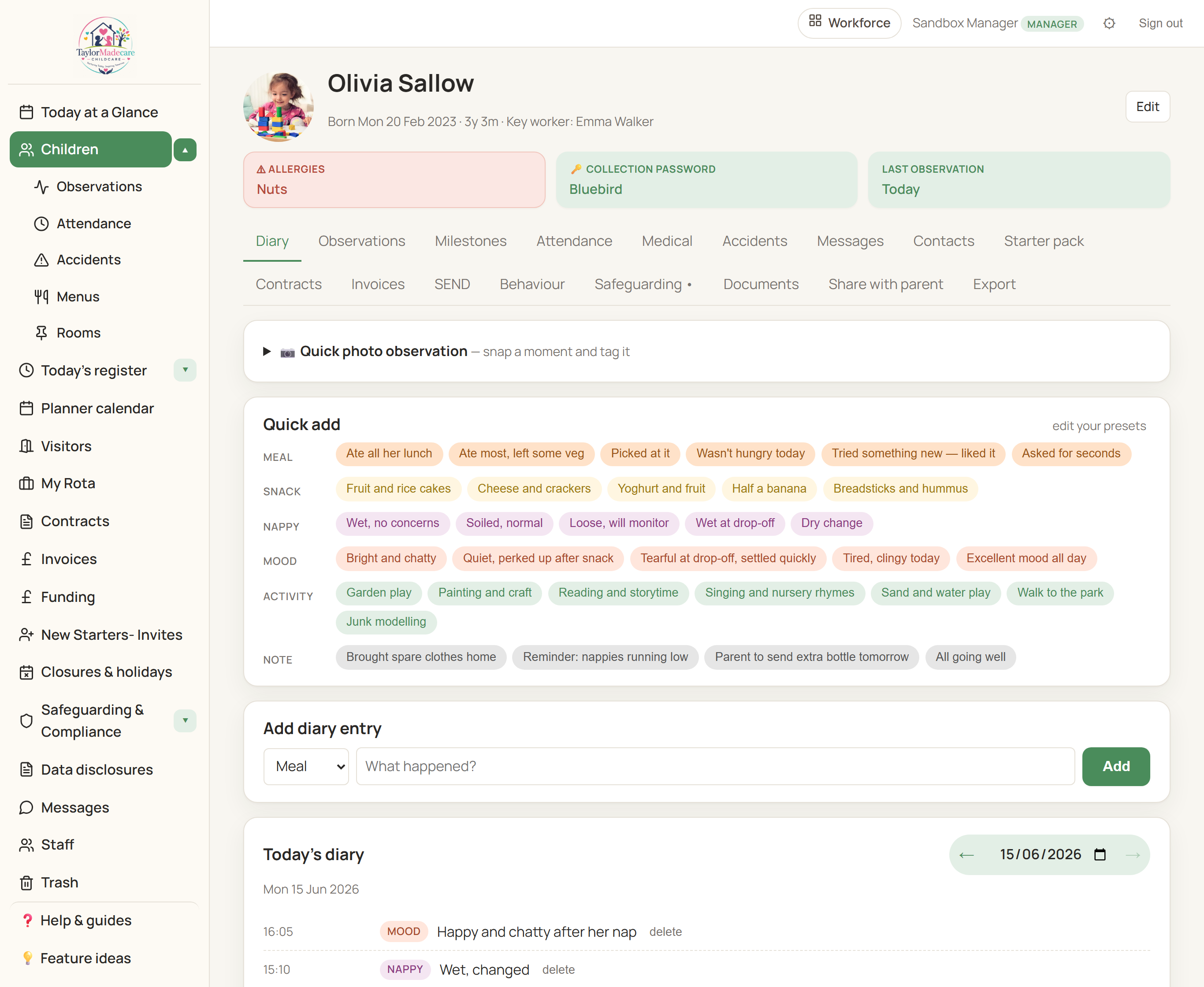 A child's profile showing photo, name, age, an allergies warning, a sage-green collection-password tile, the full record tab strip (diary, observations, milestones, attendance, medical, contracts, invoices and more), and a colour-coded diary for the day with a date picker to browse any day.