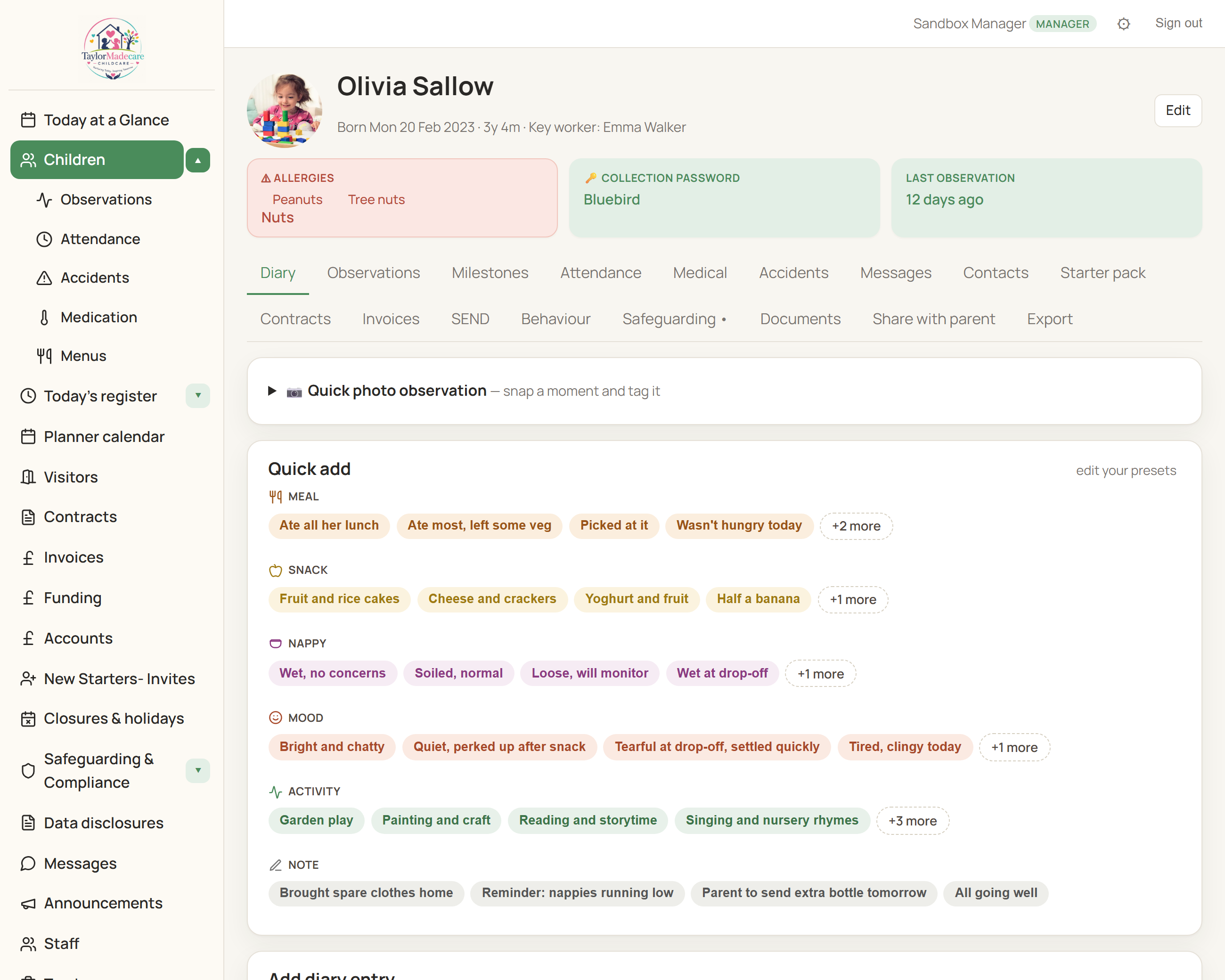 A child's profile showing photo, an allergies warning, a collection-password tile, the record tab strip, and a colour-coded diary.