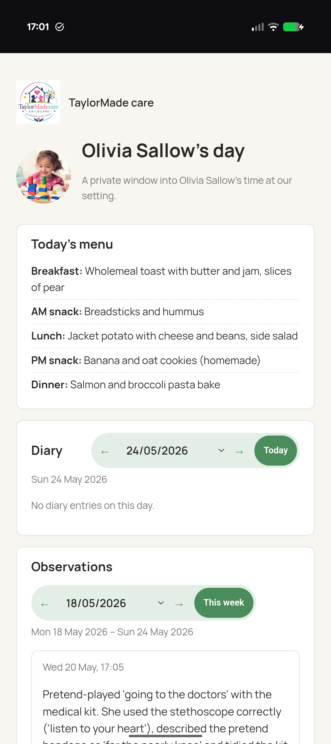 A parent's private link viewed on a phone: the setting's branding at the top, the child's profile, today's menu, and a diary of activities throughout the day.