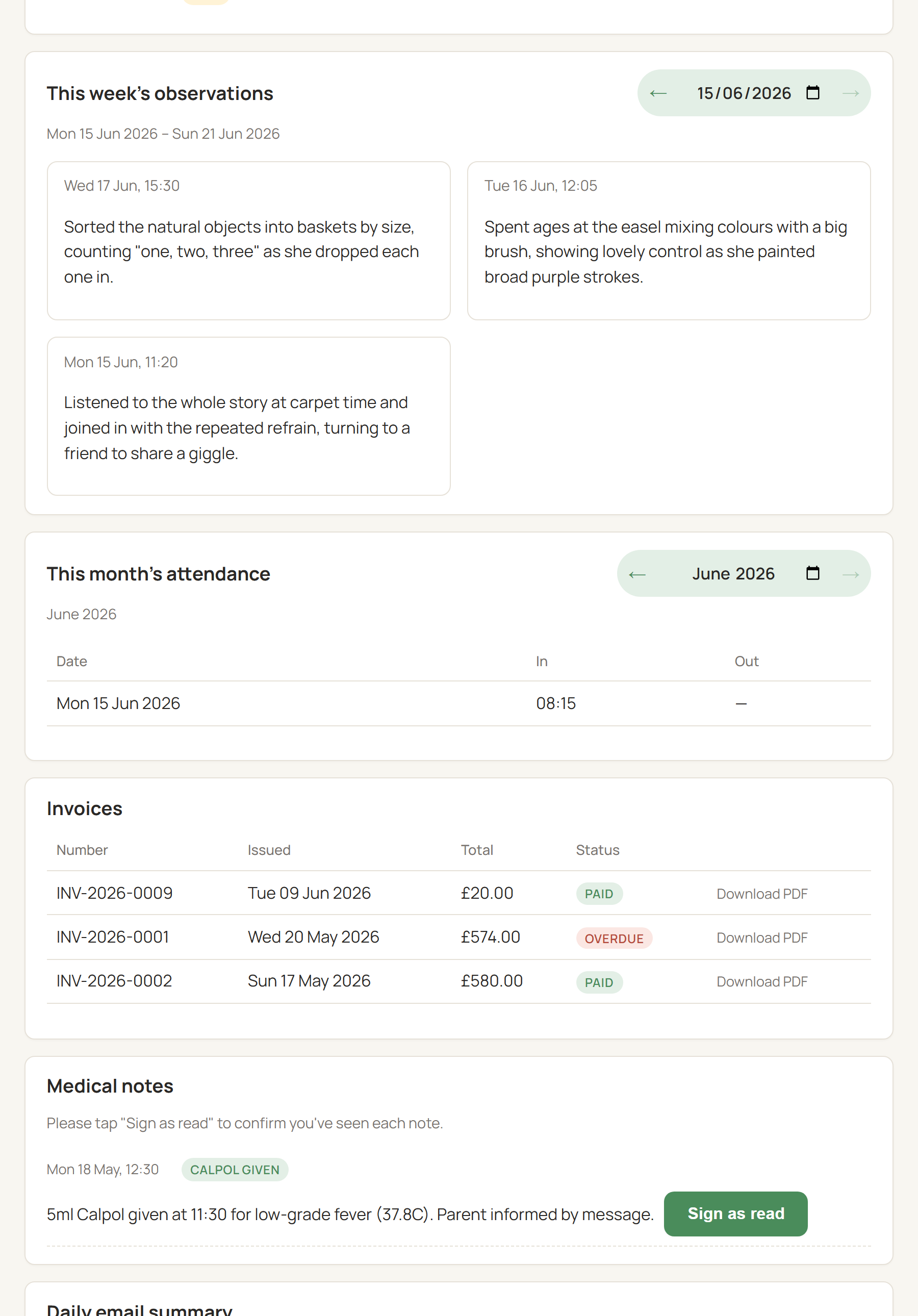 The same parent's private link, scrolled down: today's observation, attendance signed in at 08:45, a paid invoice with a Download PDF link, and a medical-notes card with a prominent Sign as read button.